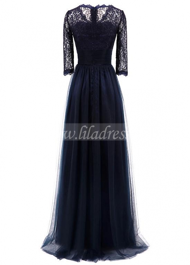 Glamorous Tulle & Lace V-neck Neckline 3/4 Length Sleeves A-line Mother Of The Bride Dress