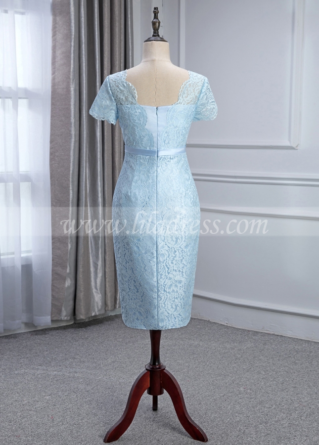Elegant Lace & Satin Square Neckline Knee-length Sheath/Column Mother Of The Bride Dress With Belt & Detachable Coat