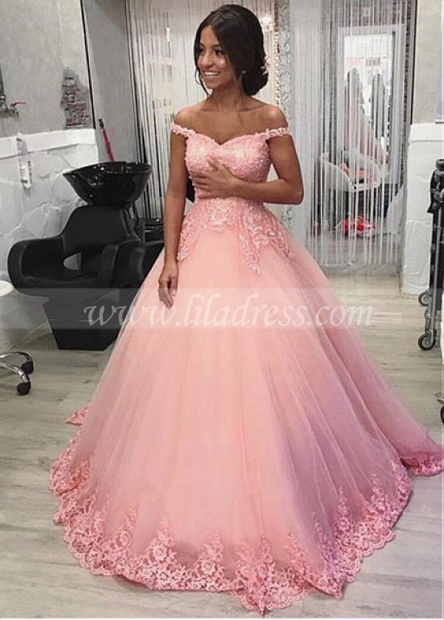 Luxury Tulle Off-the-shoulder Neckline Floor-length A-line Prom Dresses With Beaded Lace Appliques