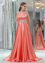 Gorgeous Satin V-neck Neckline Floor-length A-line Prom Dresses With Beadings