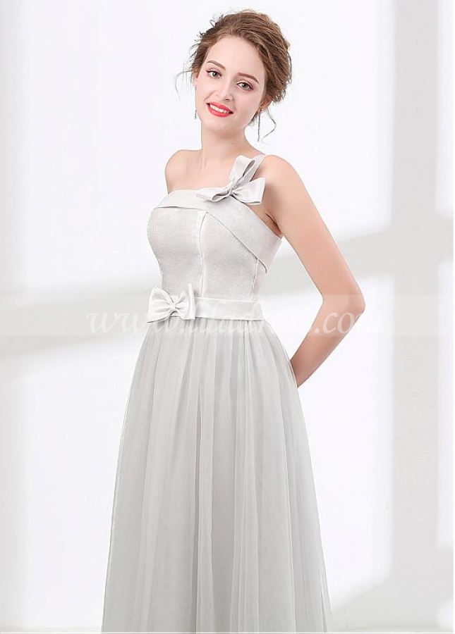 Unique Tulle & Satin One-shoulder Neckline A-line Bridesmaid Dress With Bowknots