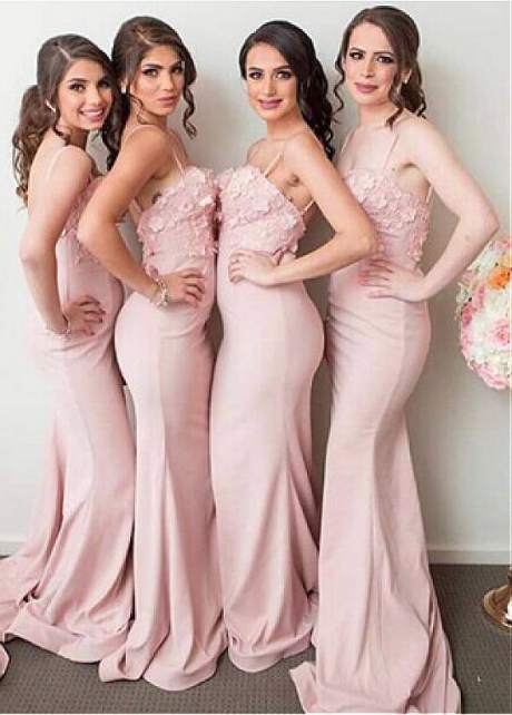 Attractive Pink Satin Spaghetti Straps Neckline Full Length Mermaid Bridesmaid Dress
