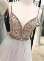 Unique Tulle Spaghetti Straps Neckline Floor-length A-line Prom Dresses With Beadings