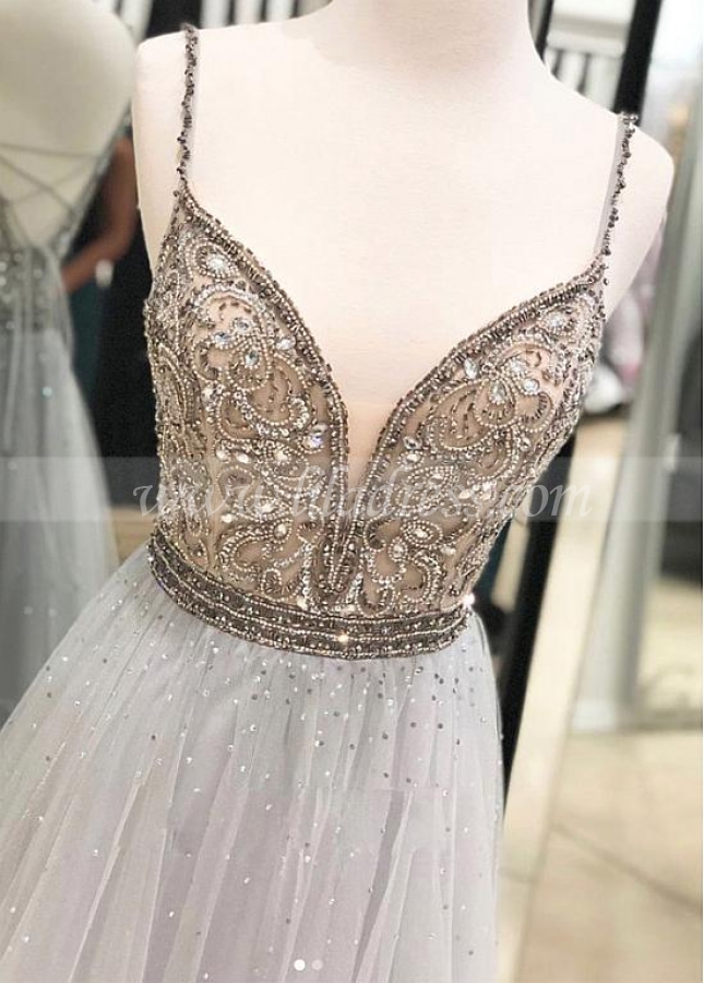 Unique Tulle Spaghetti Straps Neckline Floor-length A-line Prom Dresses With Beadings
