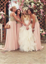 Modest Tulle & Chiffon V-neck Neckline Floor-length A-line Bridesmaid Dresses With Beadings