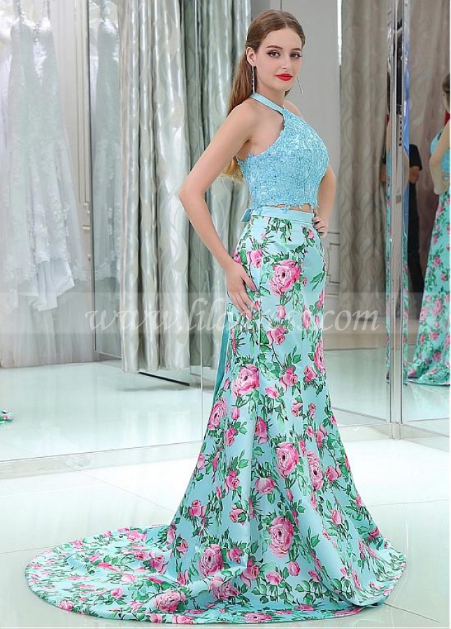 Fashionable Halter Neckline Two-piece Mermaid Prom Dresses