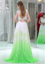 Eye-catching Tulle & Chiffon Jewel Neckline A-line Two-piece Prom Dresses With Beaded Lace Appliques