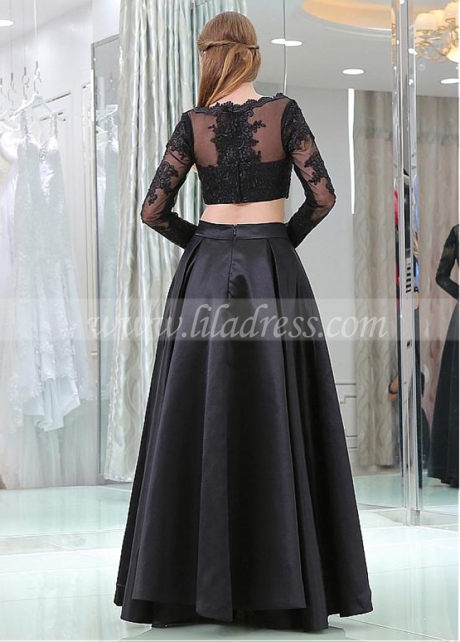 Glamorous Tulle & Satin Bateau Neckline Long Length Sleeves A-line Two-piece Prom Dresses With Lace Appliques