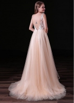 Exquisite Tulle V-neck Neckline Backless Floor-length A-line Prom Dresses With Beaded Lace Appliques