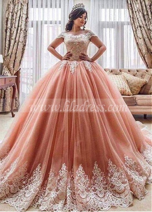 Lavish Tulle Off-the-shoulder Neckline Floor-length Ball Gown Quinceanera Dresses With Lace Appliques