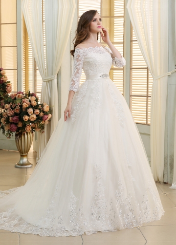 Romantic Tulle Off-the-shoulder Neckline Ball Gown Wedding Dresses With Beaded Sequin Lace Appliques