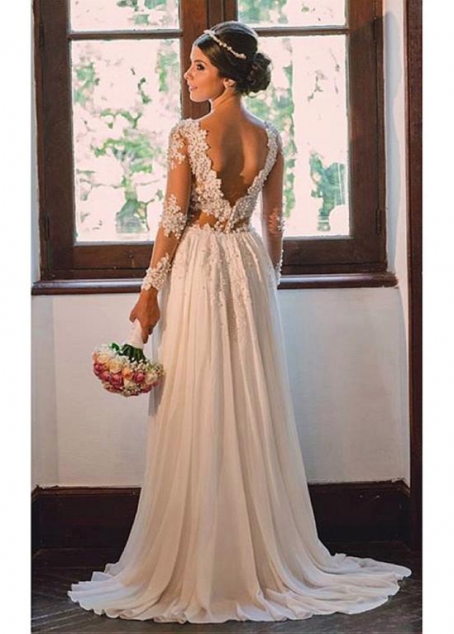 Elegant Tulle & Chiffon V-neck Neckline Sheath Wedding Dresses With Beaded Lace Appliques