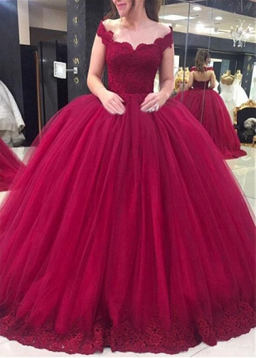 Stunning Tulle Off-the-shoulder Neckline Ball Gown Wedding Dress With Lace Appliques