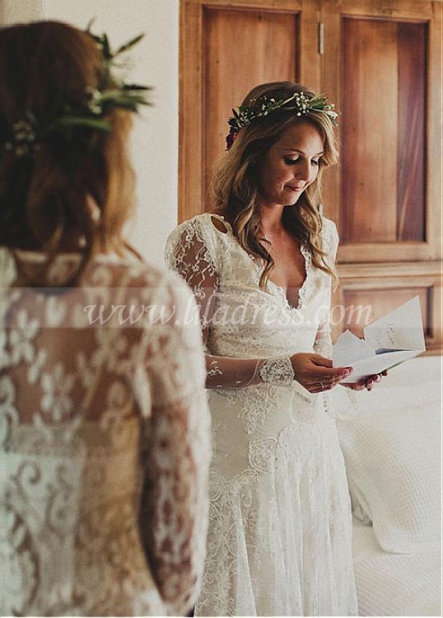 Elegant Lace V-neck Neckline Sheath Wedding Dresses