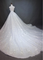 Stunning Tulle Jewel Neckline A-line Wedding Dress With Beaded Embroidery & Handmade Flowers