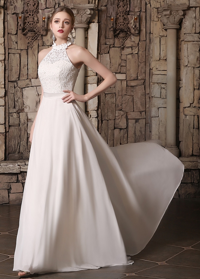 Elegant Lace & Chiffon High Collar Neckline A-line Wedding Dresses
