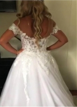Unique Tulle Jewel Neckline 2 In 1 Wedding Dresses With Beaded Lace Appliques & Detachable Train