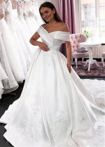 Delicate Satin Off-the-shoulder Neckline Ball Gown Wedding Dresses With Beaded Lace Appliques