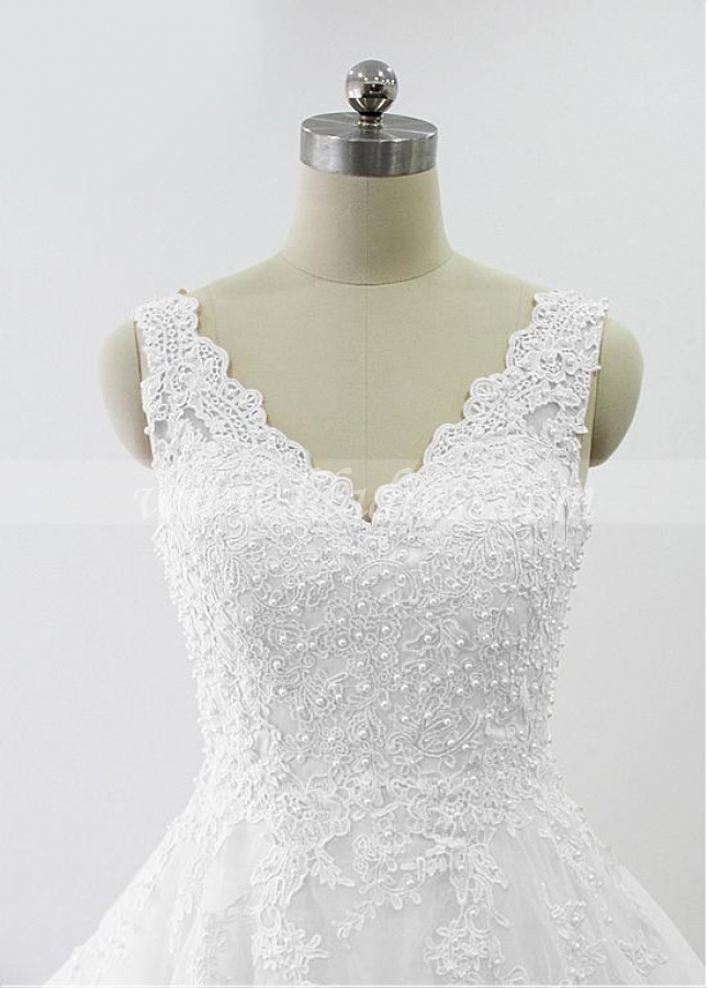 Elegant Tulle & Oragzna V-neck Neckline A-line Wedding Dresses With Beaded Lace Appliques