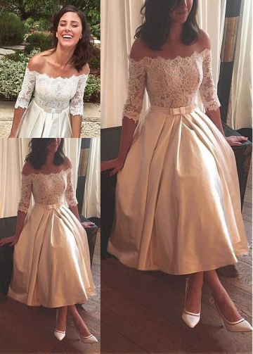 Graceful Lace & Satin Off-the-shoulder Neckline Hi-lo A-line Wedding Dresses With Belt & Bowknot