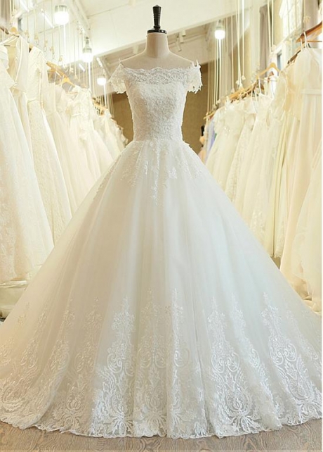 Gorgeous Tulle Off-the-shoulder Neckline A-line Wedding Dress With Lace Appliques & Beadings