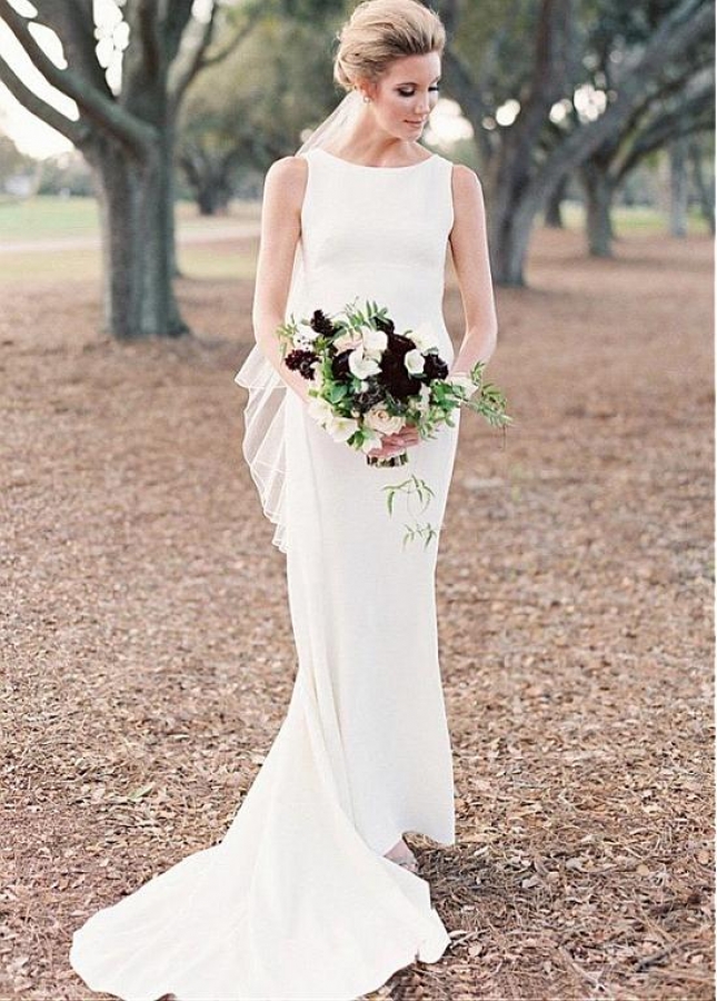 Elegant Satin Jewel Neckline Full Length Mermaid Wedding Dress