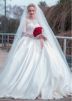 Fantastic Tulle & Satin Jewel Neckline Ball Gown Wedding Dress With Beaded Lace Appliques