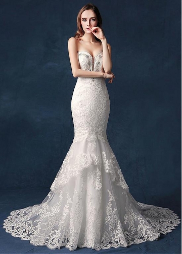 Modest Tulle Sweetheart Neckline Natural Waistline Mermaid Wedding Dress With Lace Appliques & Beadings
