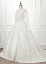 Modest Tulle & Satin Jewel Neckline Ball Gown Wedding Dress With Lace Appliques & Belt & Beadings