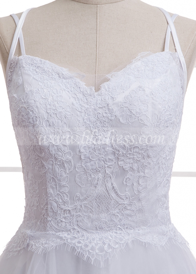 Wonderful Tulle Spaghetti Straps Neckline A-Line Wedding Dress With Lace Appliques