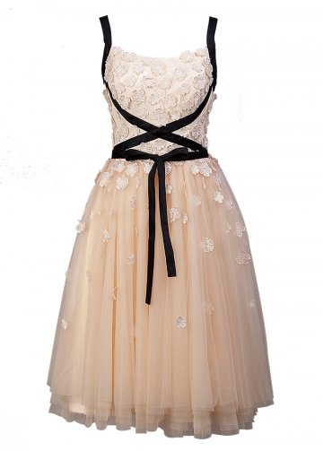 Romantic Tulle Spaghetti Straps Neckline Tea-length A-line Homecoming Dress With Lace Appliques
