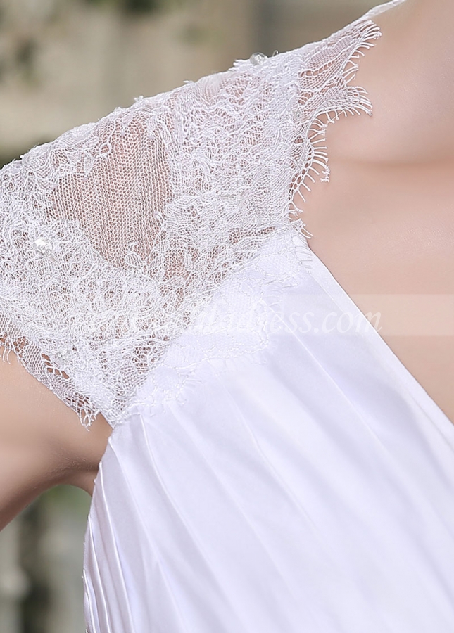 Graceful Satin Chiffon V-neck Neckline Lace Appliques A-line Wedding Dresses