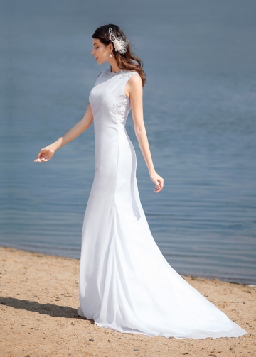 Elegant Chiffon Bateau Neckline Mermaid Wedding Dresses With Beaded Lace Appliques