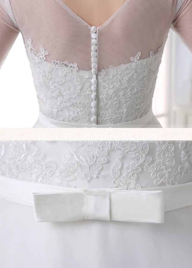 Glamorous Tulle & Organza A-line Illusion Neckline 3/4 Sleeves Wedding Dress