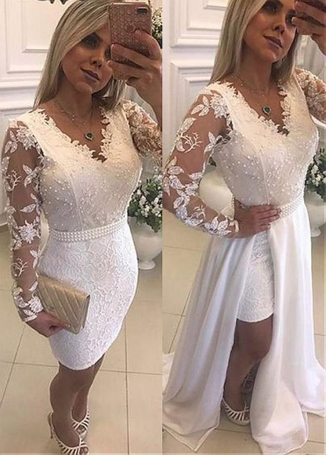 Fashion Lace & Chiffon V-neck Neckline Long Sleeves 2 In 1 Prom Dress With Beaded Lace Appliques