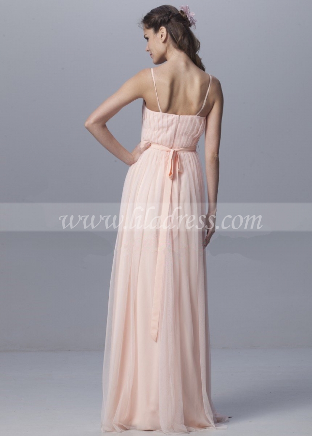 Floor Length Tulle Pink Bridesmaid Dresses with Spaghetti Straps