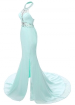 Glamorous Chiffon Halter Neckline Mermaid Evening Dresses With Beads & Rhinestones