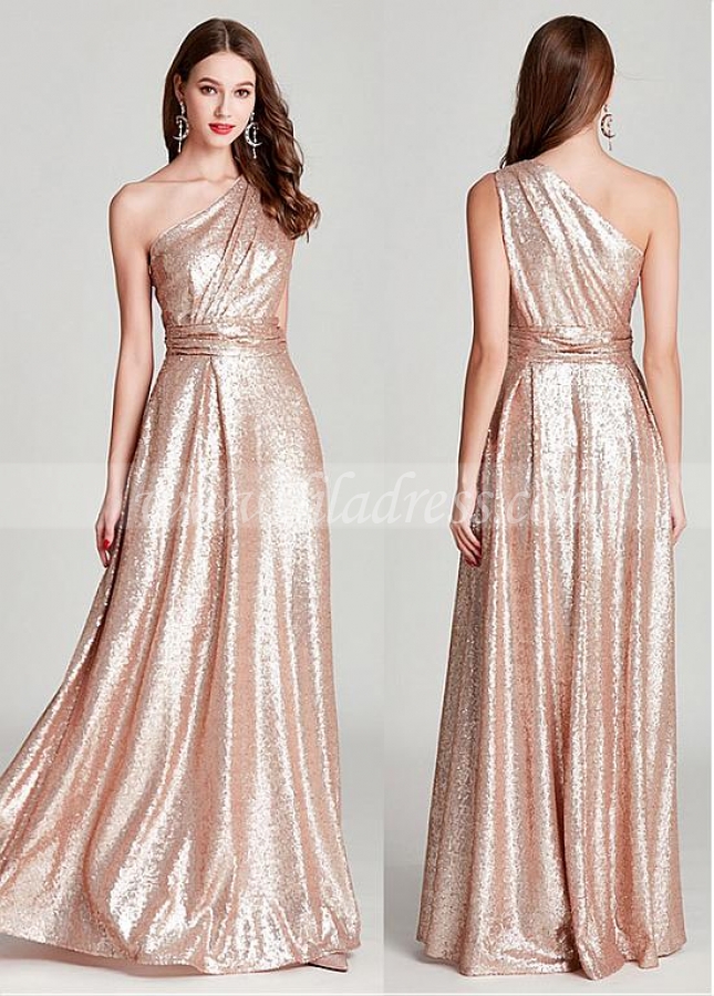 Romantic Sequins One Shoulder Neckline Floor-length A-line Formal Dress