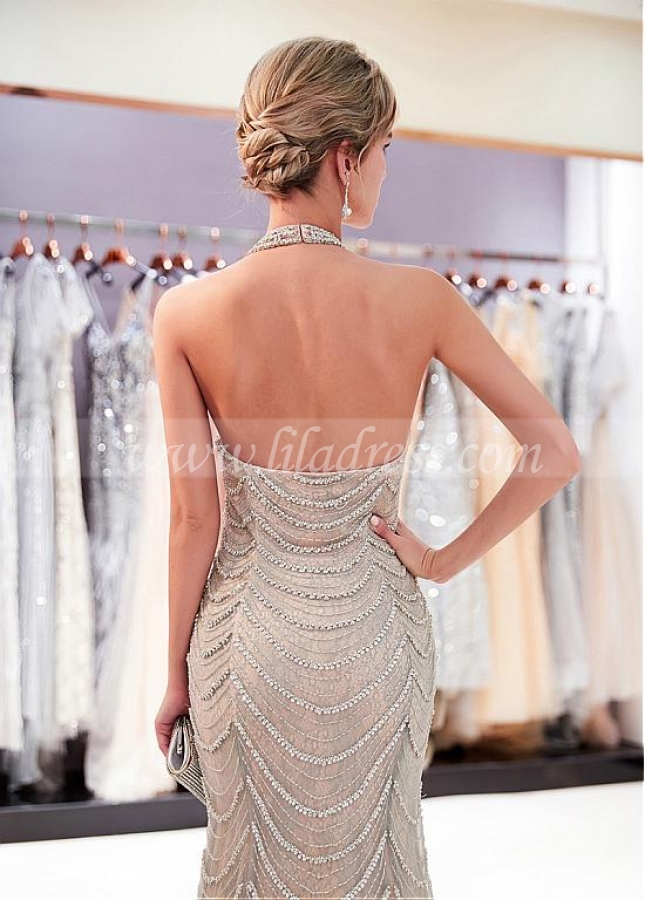 Chic Tulle & Lace Hater Neckline Natural Waistline Sheath/Column Formal Dress With Beadings