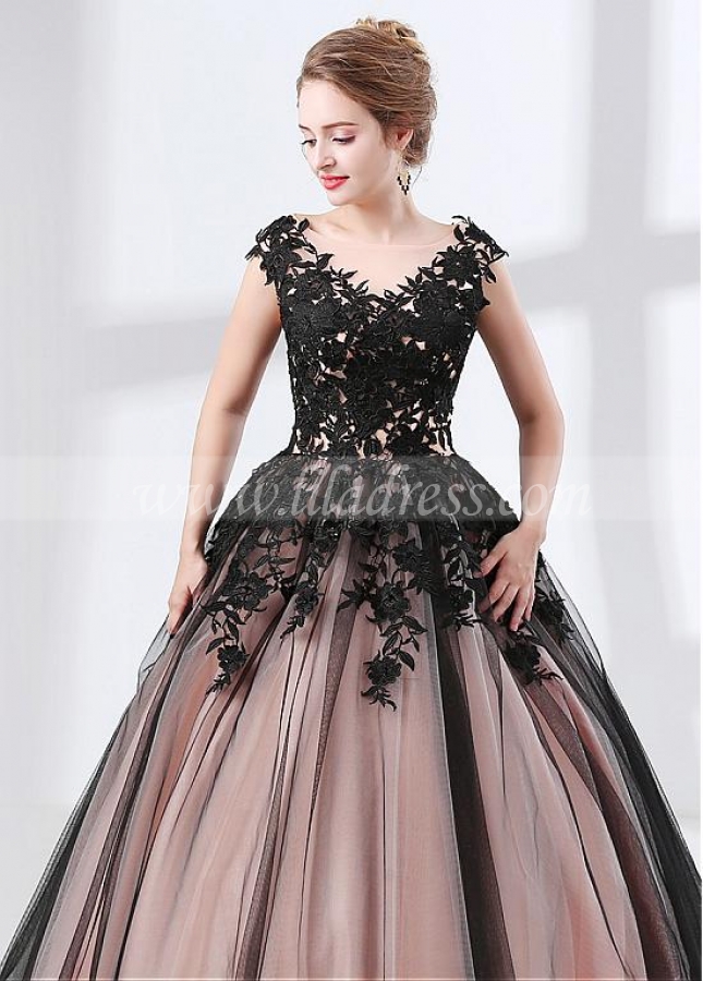 Tulle & Satin Scoop Neckline Cap Sleeves Ball Gown Evening Dress With Beadings & Lace Appliques