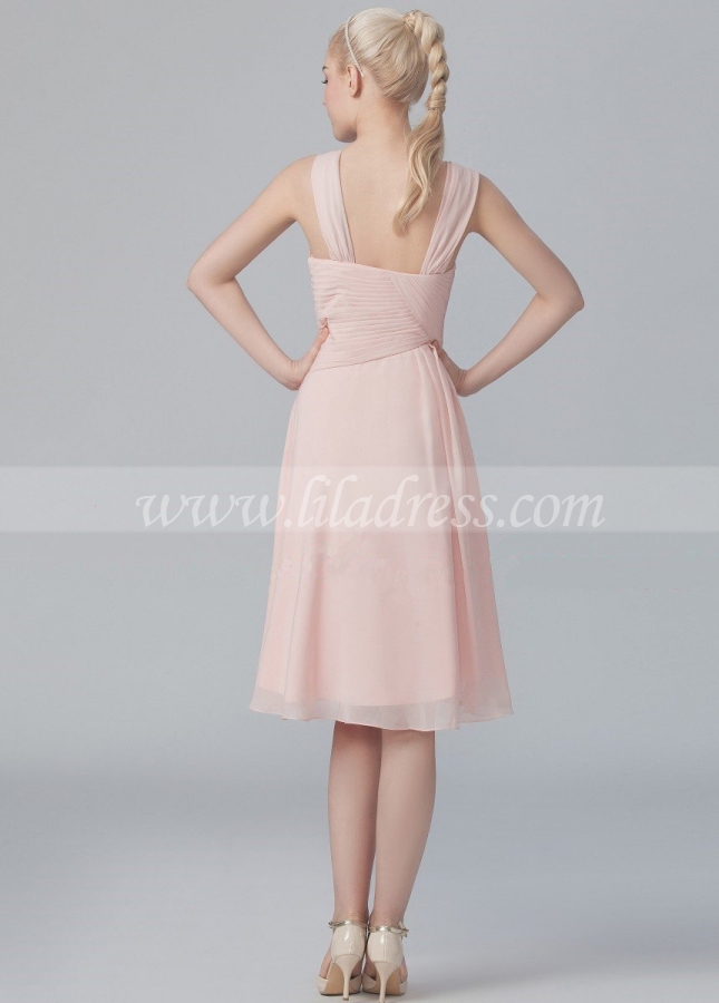 Asymmetric Neckline Chiffon Pink Knee Length Bridesmaid Dresses