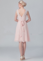 Boat Neck A-line Pink Lace and Chiffon Short Bridesmaid Gown
