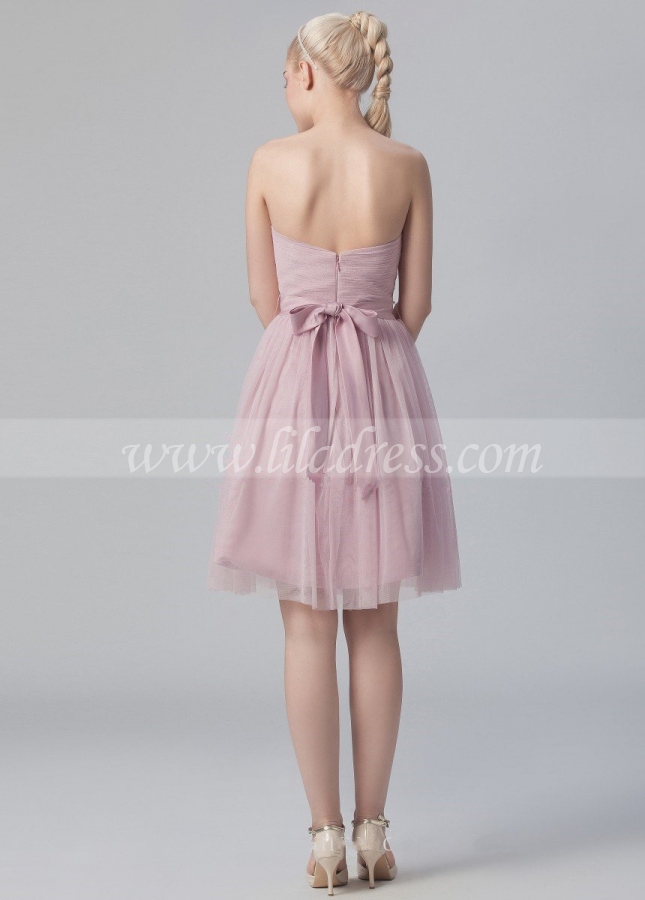 Dusty Pink A-line Tulle Short Wedding Guests Dresses with Belt