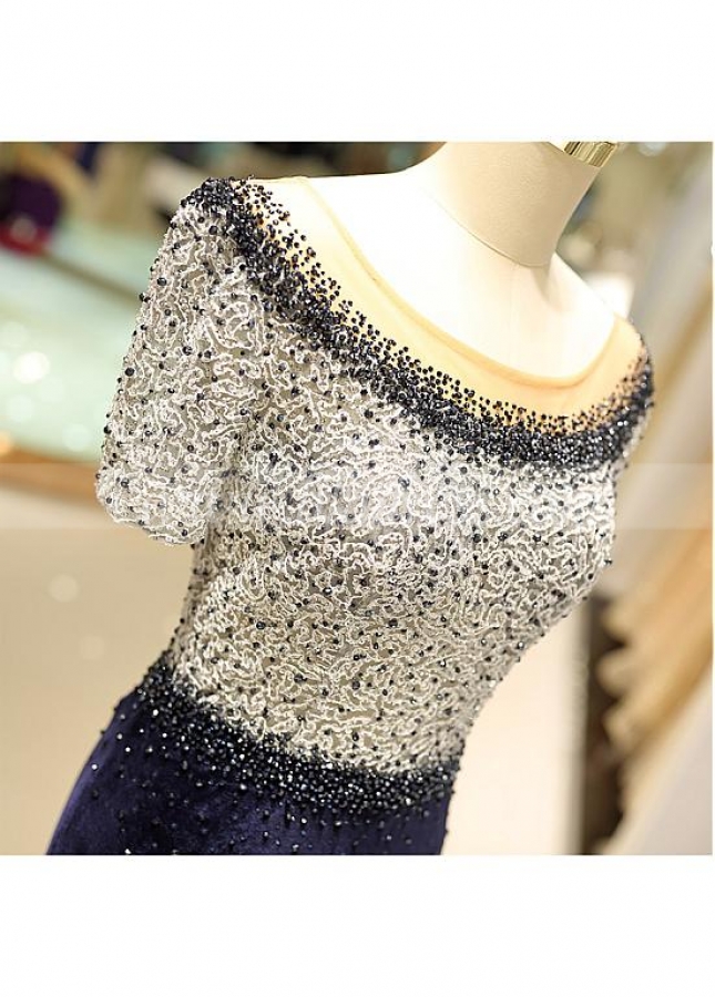 Fashionable Fleece & Lace Scoop Neckline Floor-length Mermaid Evening Dress