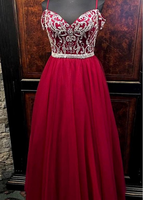 Graceful Tulle Spaghetti Straps Neckline Floor-length A-line Evening Dresses With Beadings