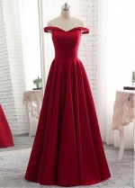 Graceful Satin Off-the-shoulder Neckline Floor-length A-line Red Bridesmaide Dress
