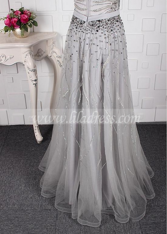 Graceful Tulle Jewel Neckline A-line Prom Dresses With Beadings
