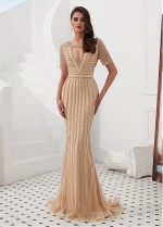 Fashionable Tulle & Spandex Jewel Neckline Floor-length Mermaid Evening Dresses With Rhinestones