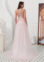 Charming Tulle Jewel Neckline Floor-length A-line Prom Dresses With Beadings & Sequins