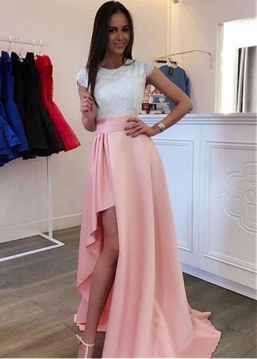 Charming Satin & Lace Jewel Neckline Floor-length A-line Prom Dresses With Slit